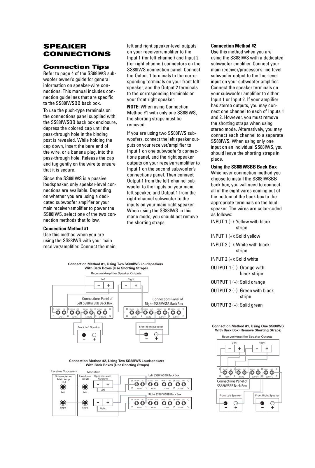 JBL SS88IWSBB manual Speaker Connections, Connection Method #1, Connection Method #2 