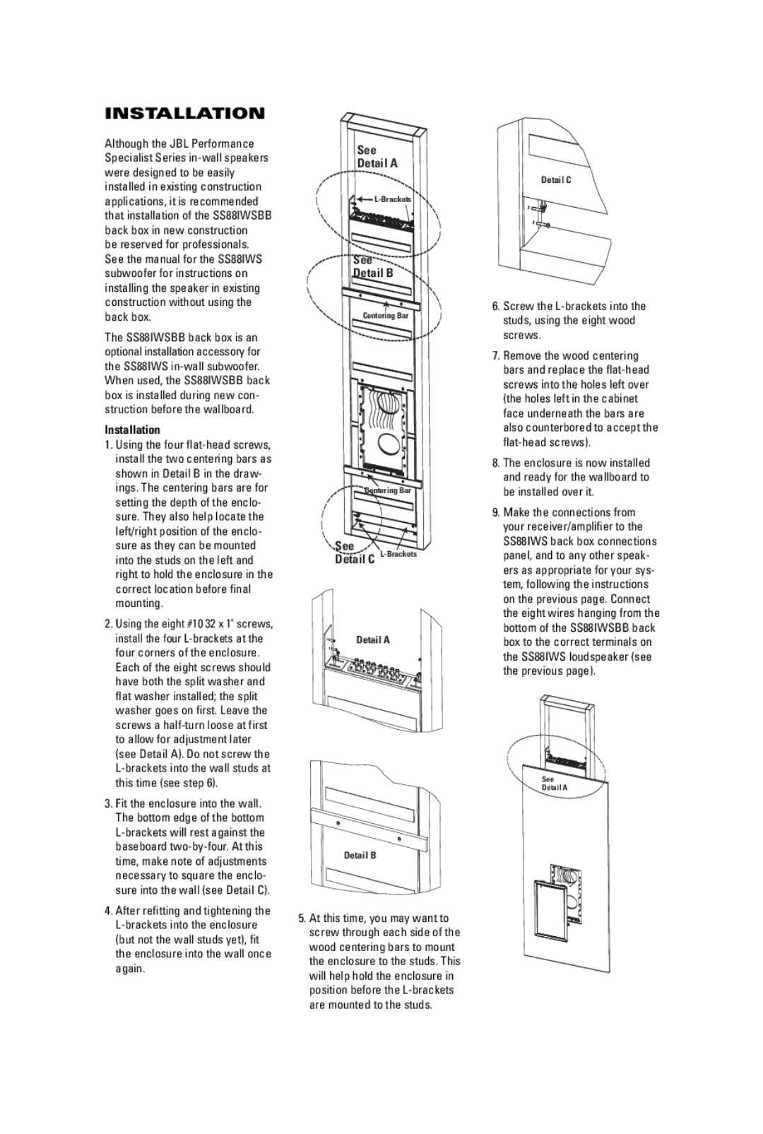 JBL SS88IWSBB manual Installation 