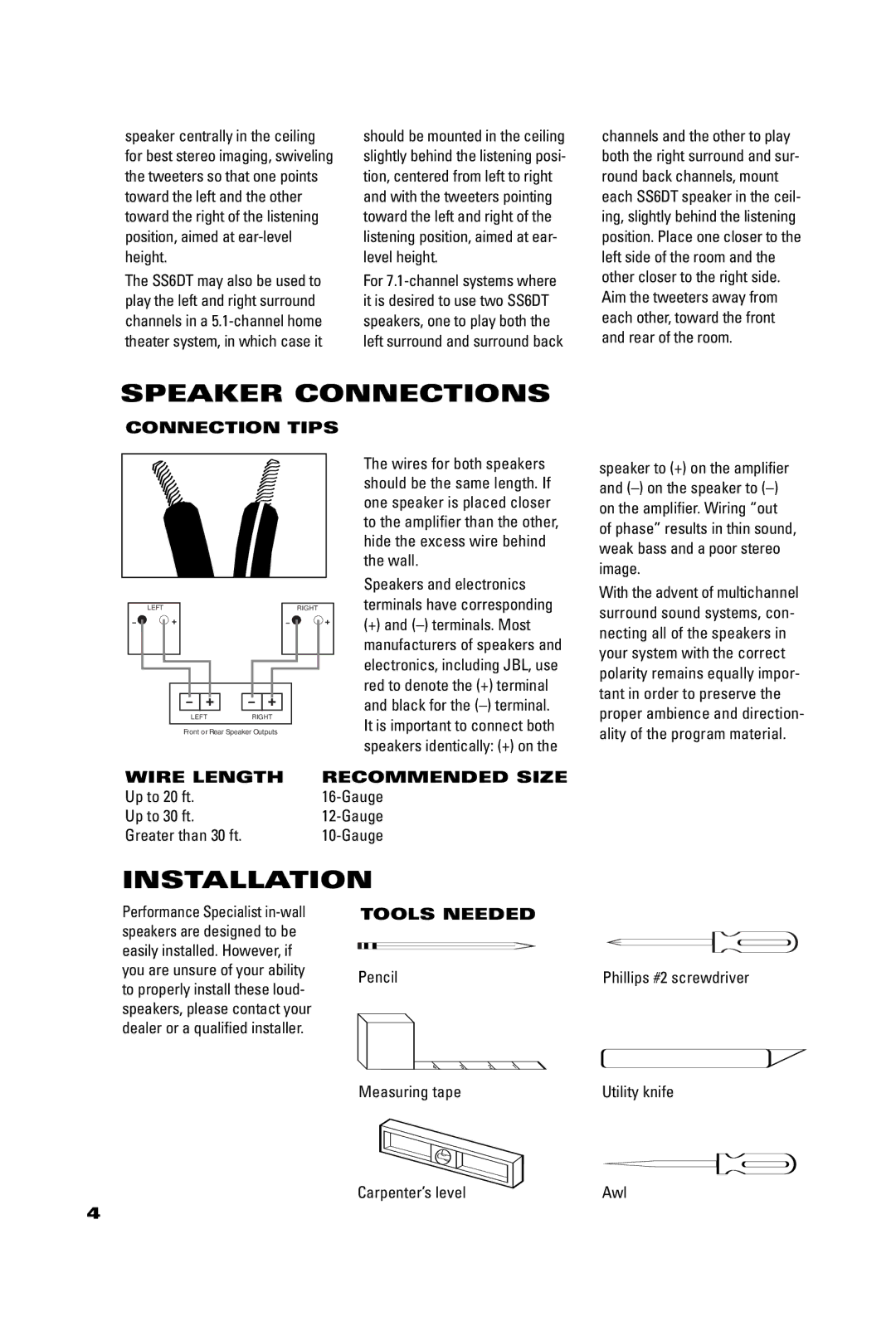 JBL SSLCR, SS8C, SS6C Speaker Connections, Installation, Connection Tips, Wire Length Recommended Size, Tools Needed 