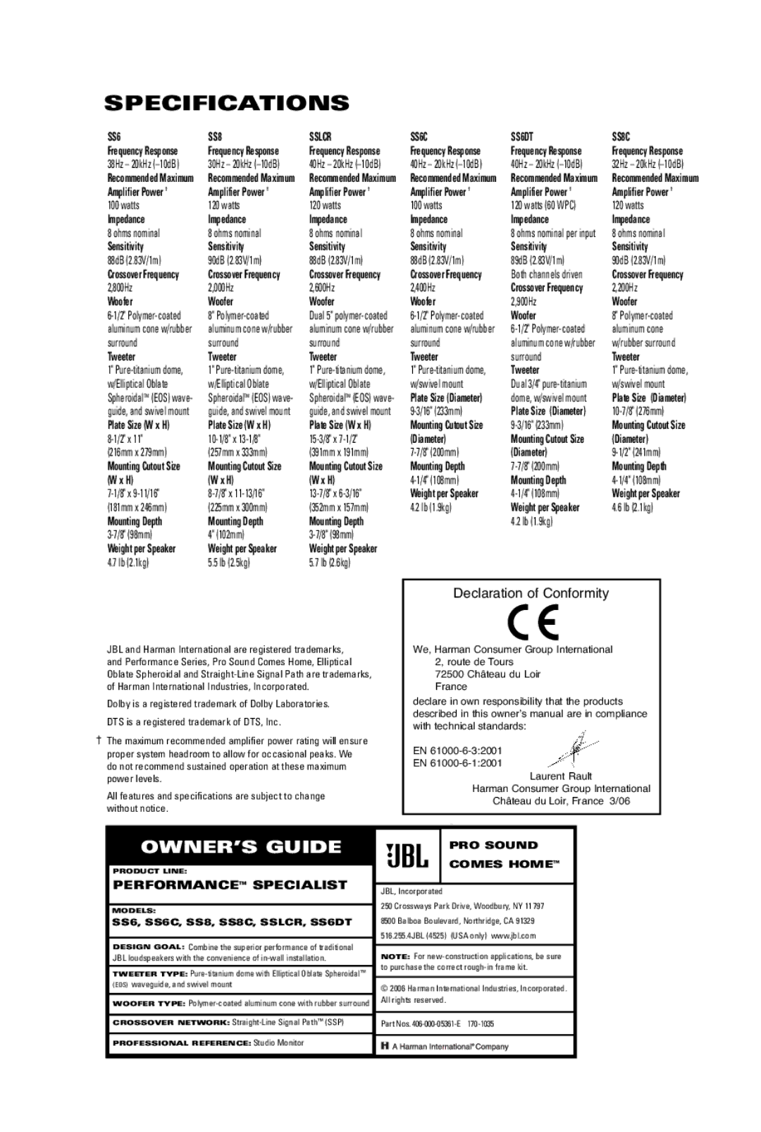 JBL SS6C, SSLCR, SS8C, SS6DT manual Specifications, Declaration of Conformity 