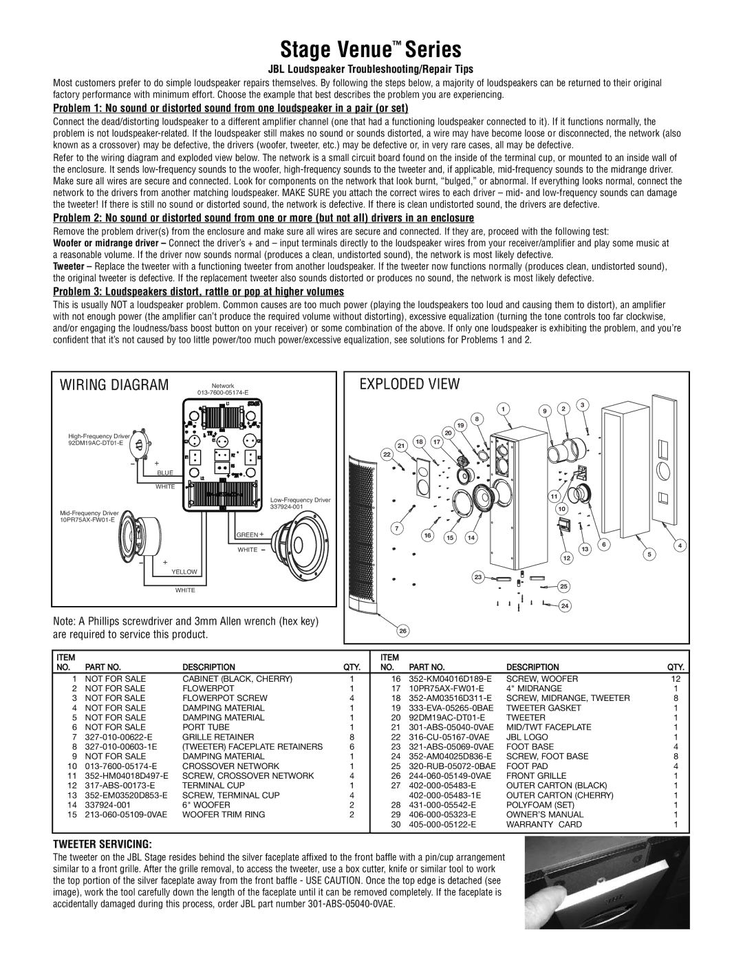 JBL Stage Venue Series owner manual Wiring Diagram, Exploded View, JBL Loudspeaker Troubleshooting/Repair Tips 