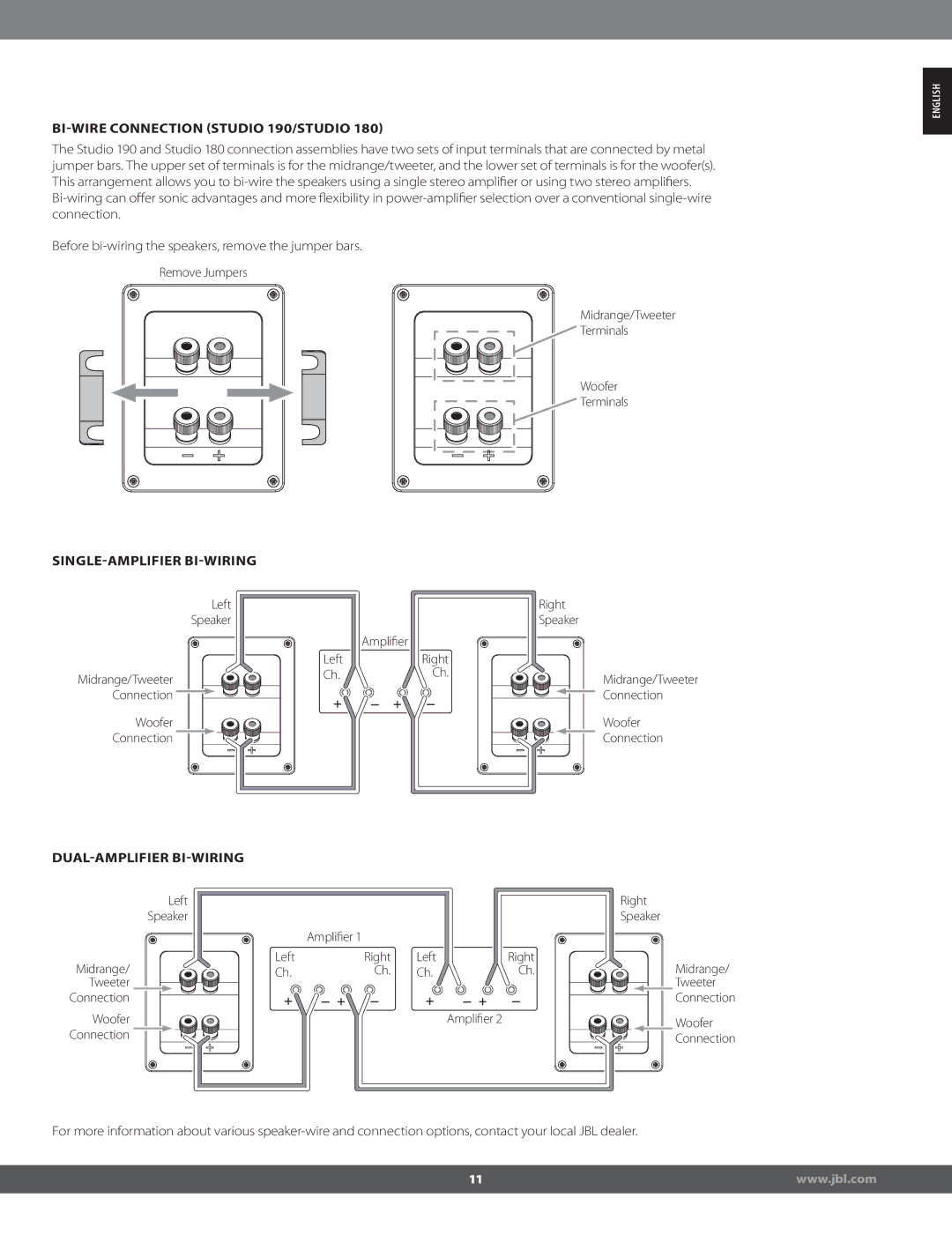 JBL STUDIO180 manual BIWIRE Connection STUDIO 190/STUDIO 180, Singleamplifier Biwiring, Dualamplifier Biwiring 