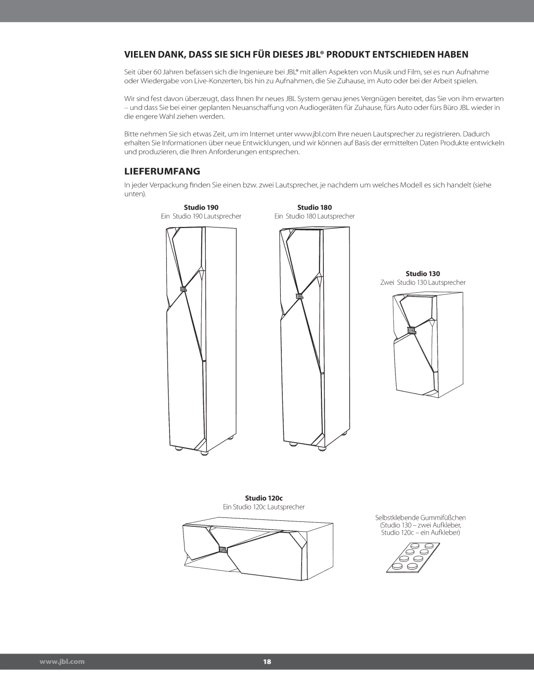 JBL STUDIO180 manual Lieferumfang, Studio 