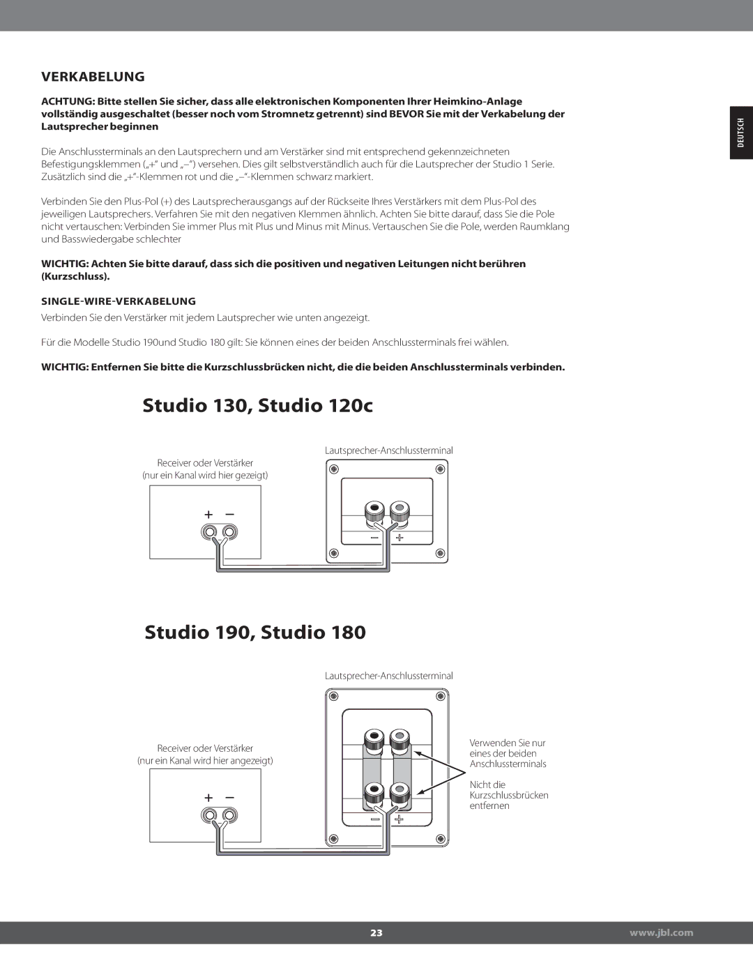 JBL STUDIO180 manual Verkabelung, Singlewireverkabelung 