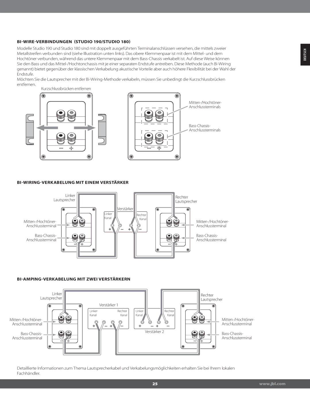 JBL STUDIO180 manual BIWIREVERBINDUNGEN STUDIO 190/STUDIO 180, BIWIRINGVERKABELUNG MIT Einem Verstärker 