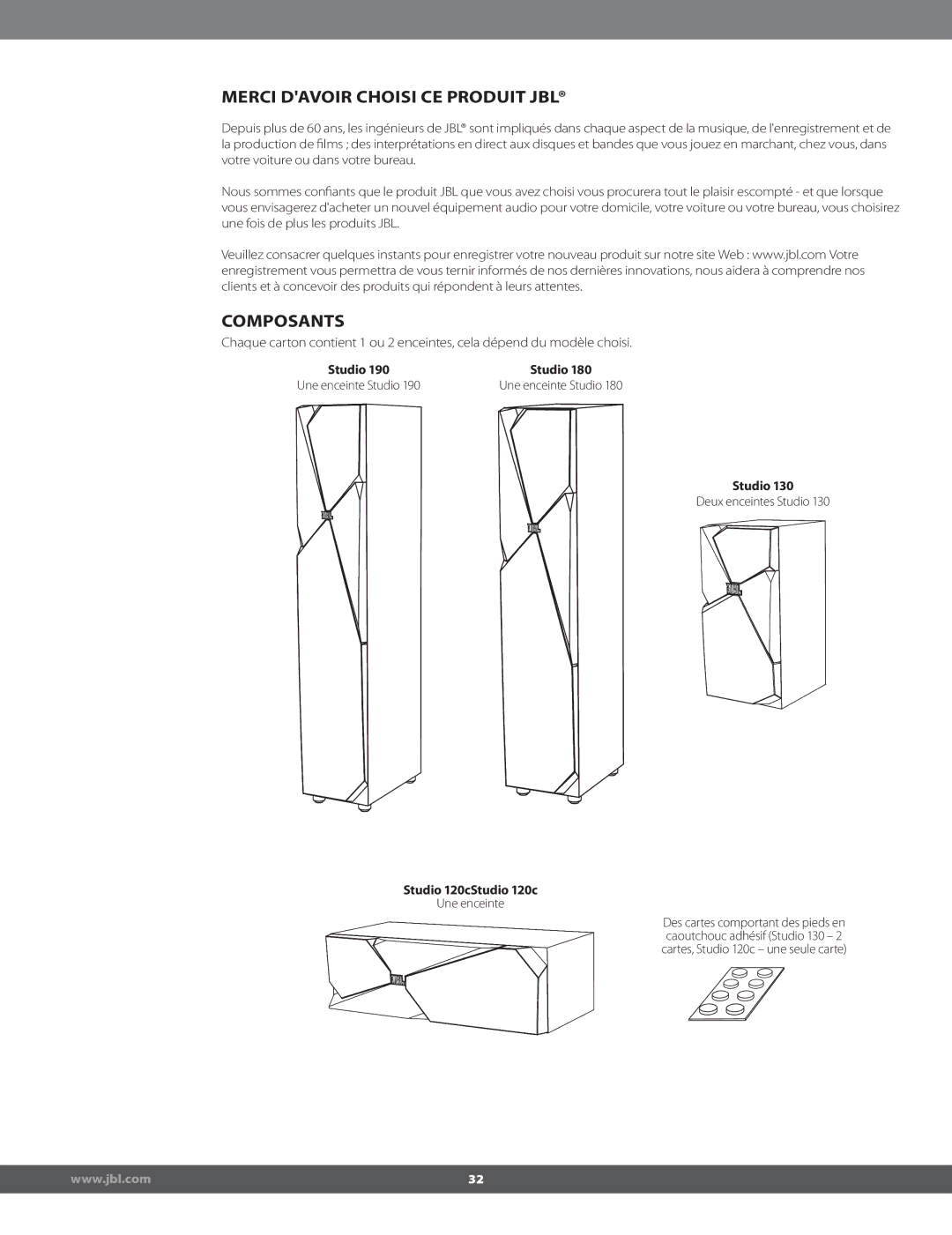 JBL STUDIO180 manual Merci Davoir Choisi CE Produit JBL, Composants, Studio 120cStudio 120c 