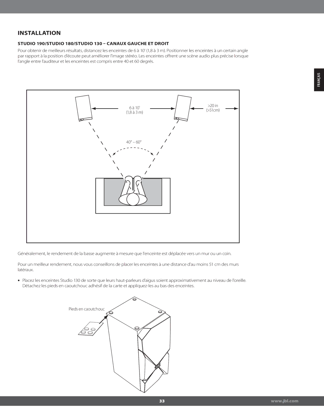 JBL STUDIO180 manual Installation, Studio 190/STUDIO 180/STUDIO 130  Canaux Gauche ET Droit 