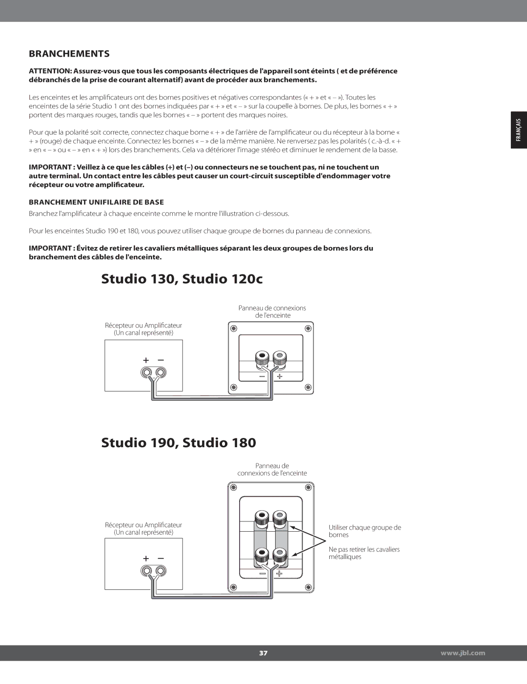 JBL STUDIO180 manual Branchements, Branchement Unifilaire DE Base 