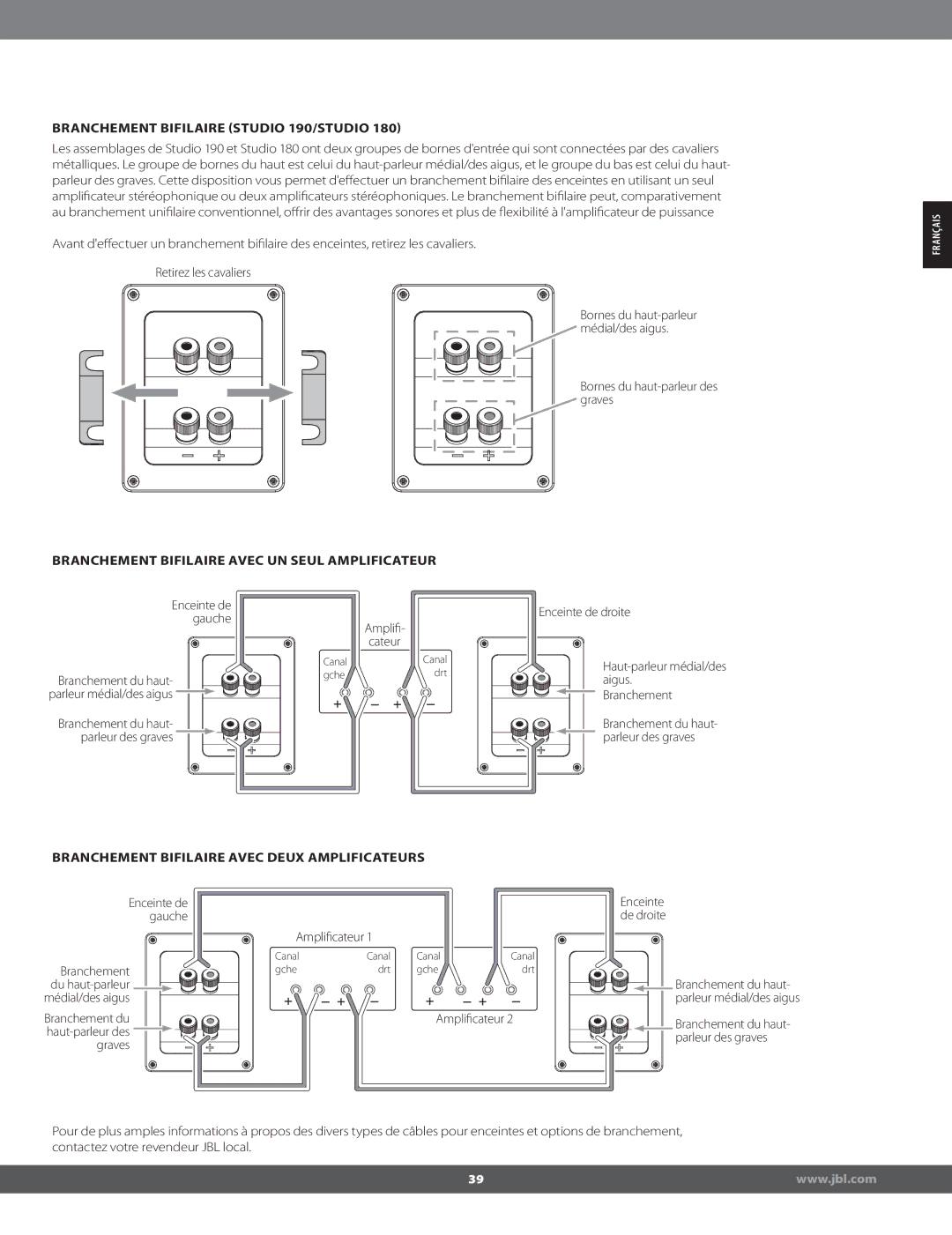 JBL STUDIO180 manual Branchement Bifilaire STUDIO 190/STUDIO 180, Branchement Bifilaire Avec UN Seul Amplificateur 