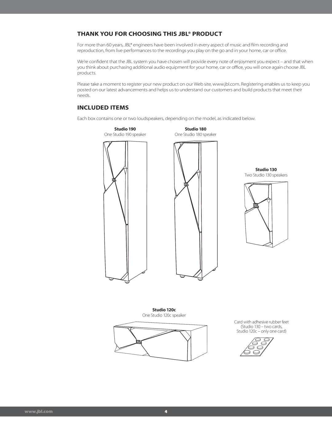 JBL STUDIO180 manual Thank YOU for Choosing this JBL Product, Included Items, Studio 120c 