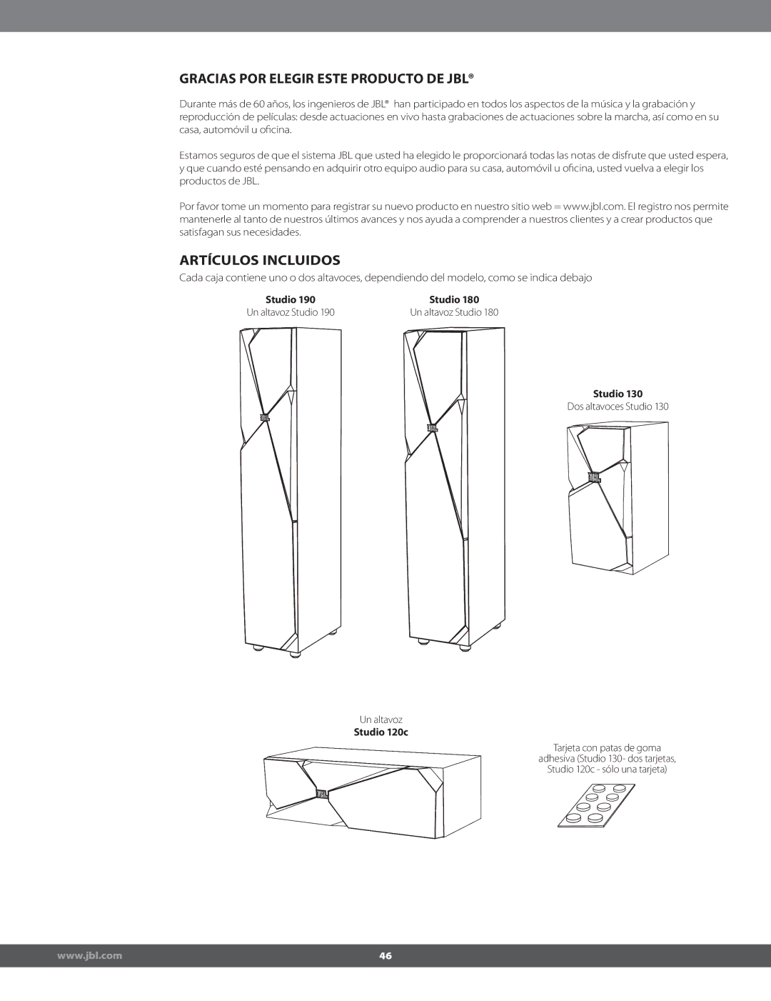 JBL STUDIO180 manual Gracias POR Elegir Este Producto DE JBL, Artículos Incluidos 