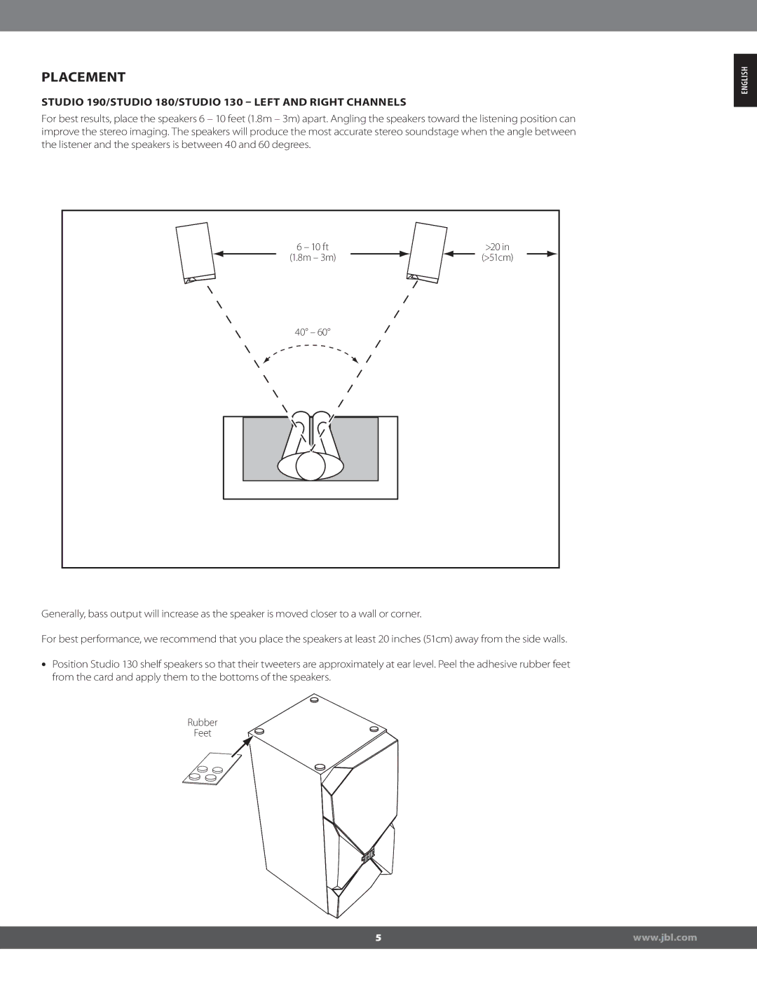 JBL STUDIO180 manual Placement, Studio 190/STUDIO 180/STUDIO 130  Left and Right Channels 