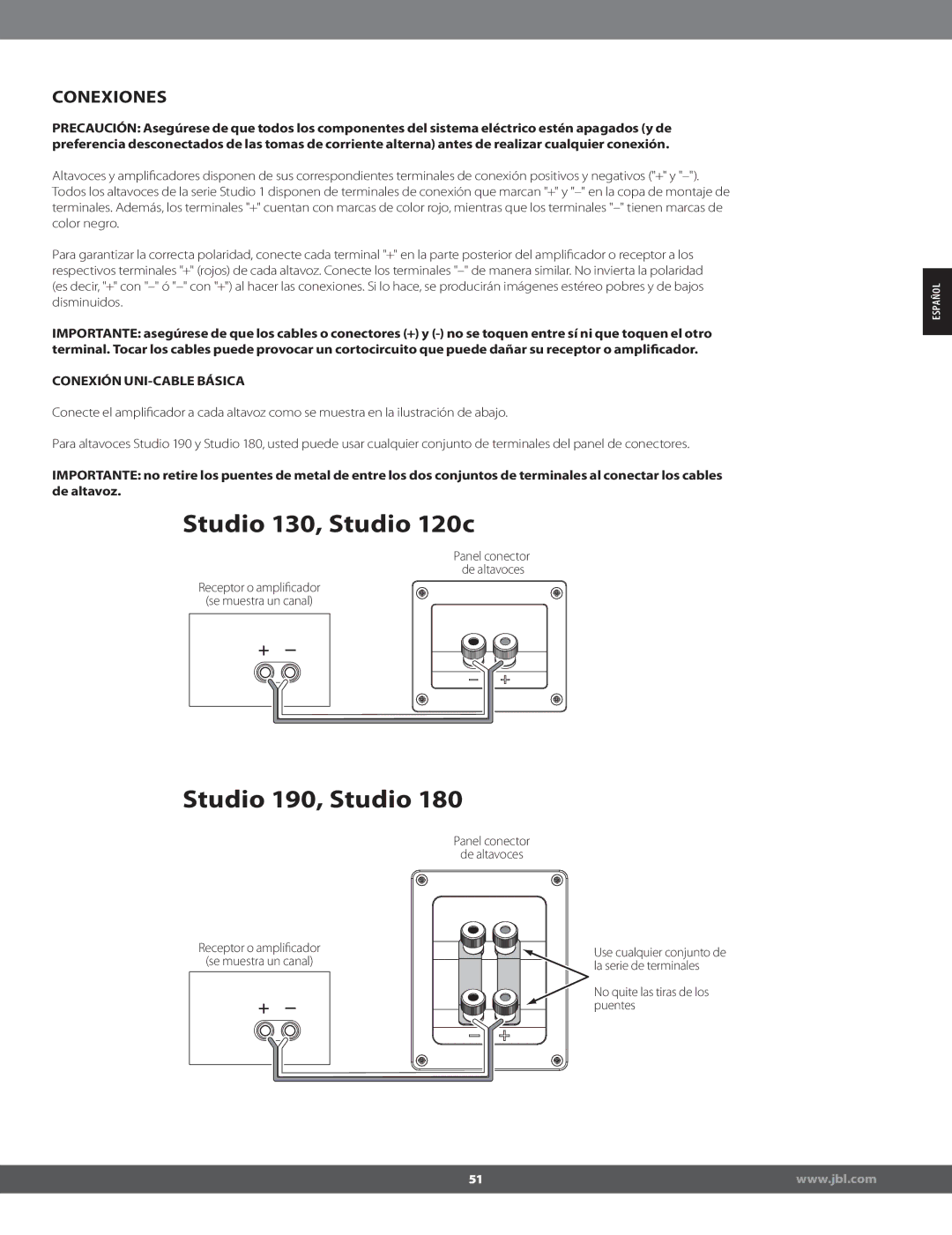 JBL STUDIO180 manual Conexiones, Conexión UNI-CABLE Básica 