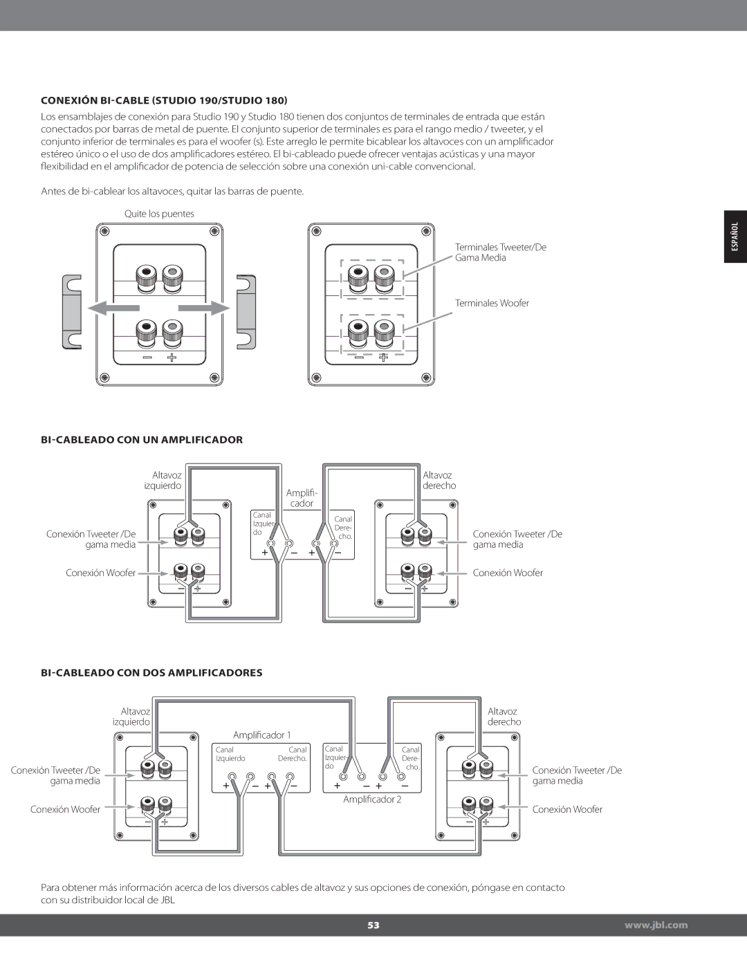 JBL STUDIO180 manual Conexión BICABLE STUDIO 190/STUDIO 180, BICABLEADO CON UN Amplificador 