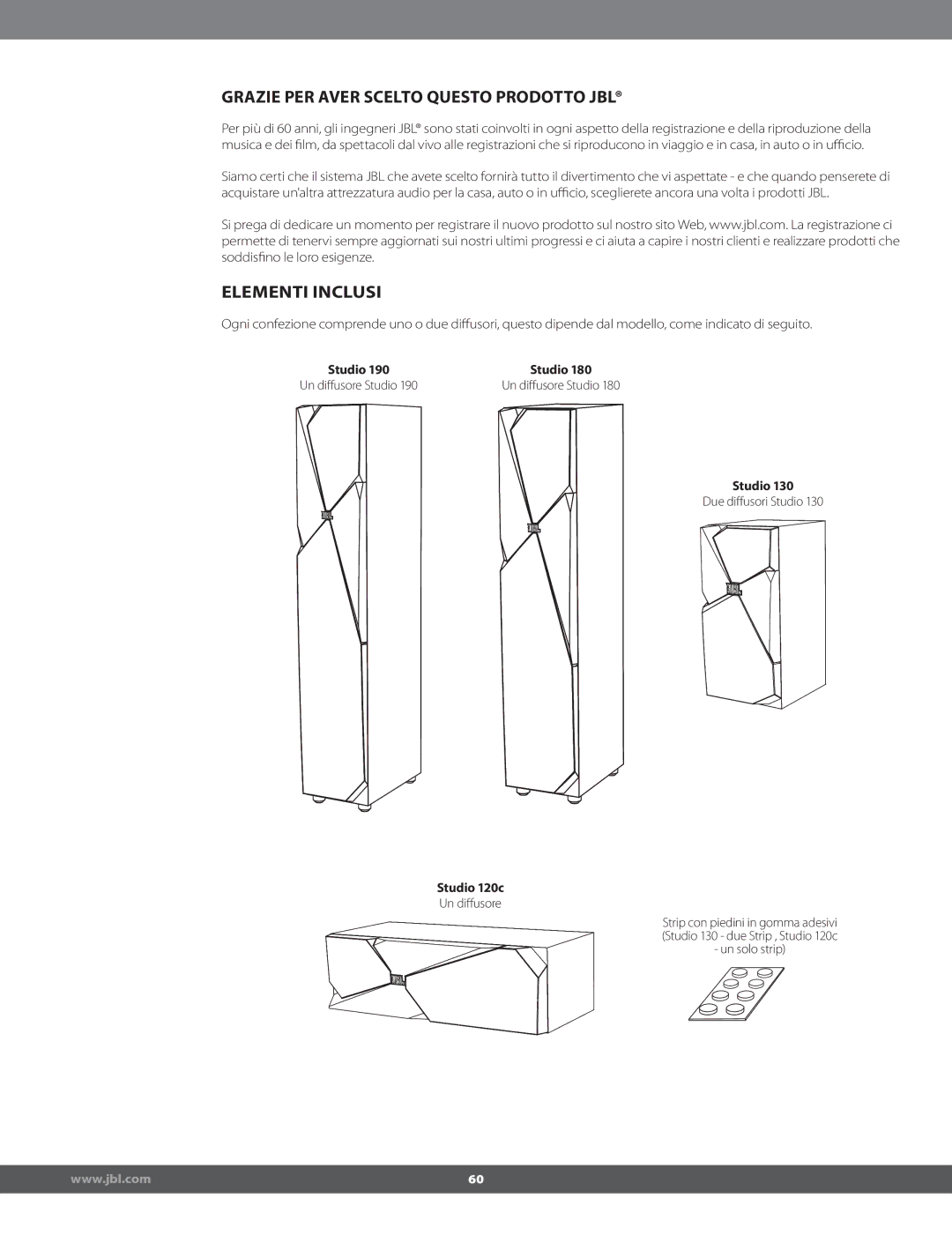 JBL STUDIO180 manual Grazie PER Aver Scelto Questo Prodotto JBL, Elementi Inclusi 