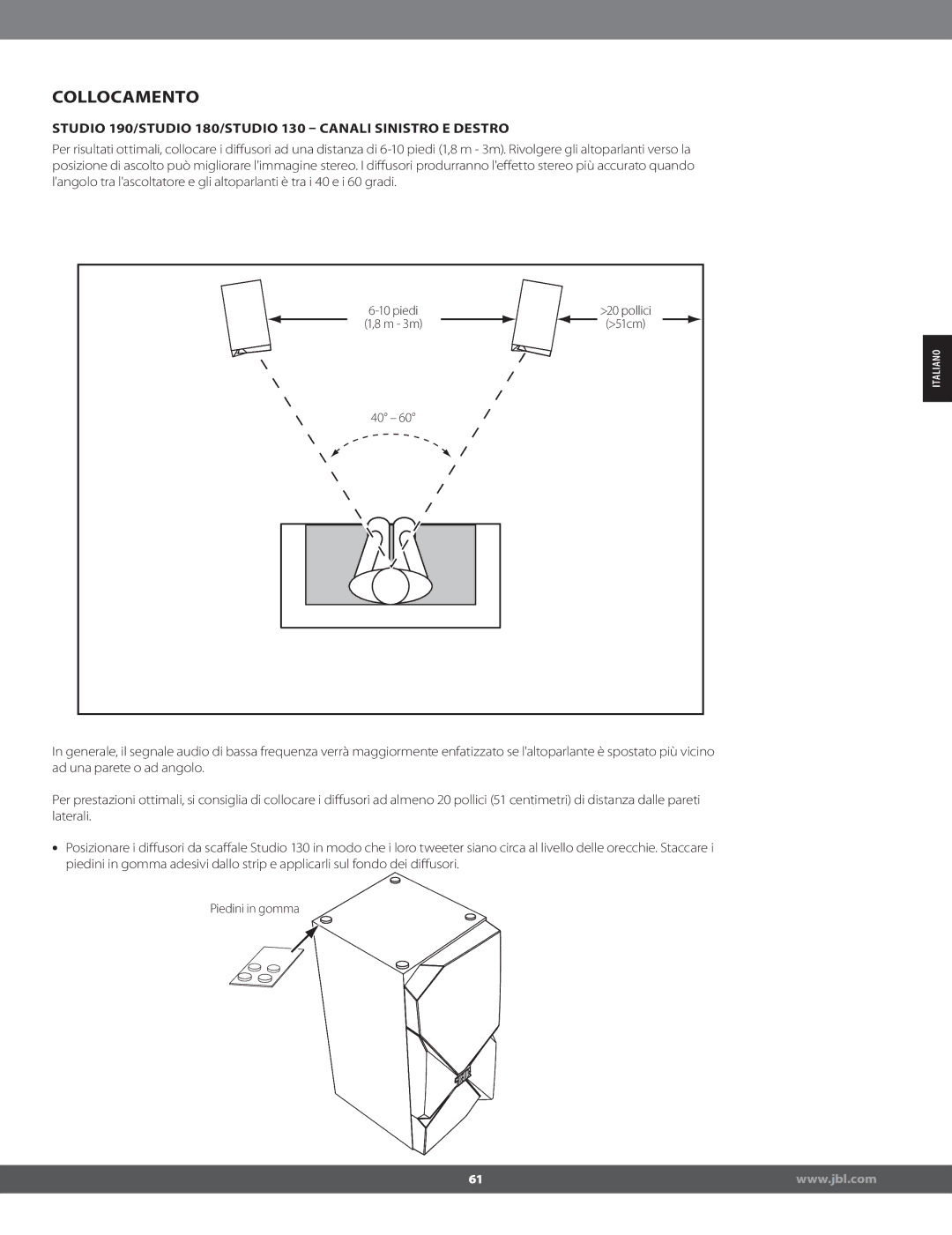 JBL STUDIO180 manual Collocamento, Studio 190/STUDIO 180/STUDIO 130  Canali Sinistro E Destro 