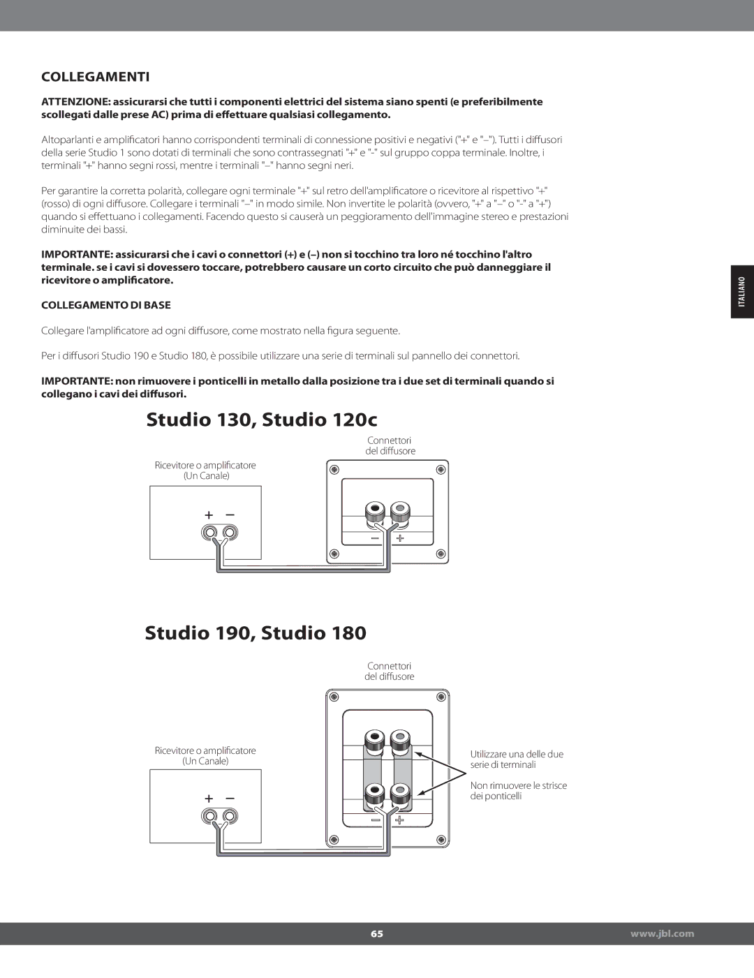 JBL STUDIO180 manual Collegamenti, Collegamento DI Base 