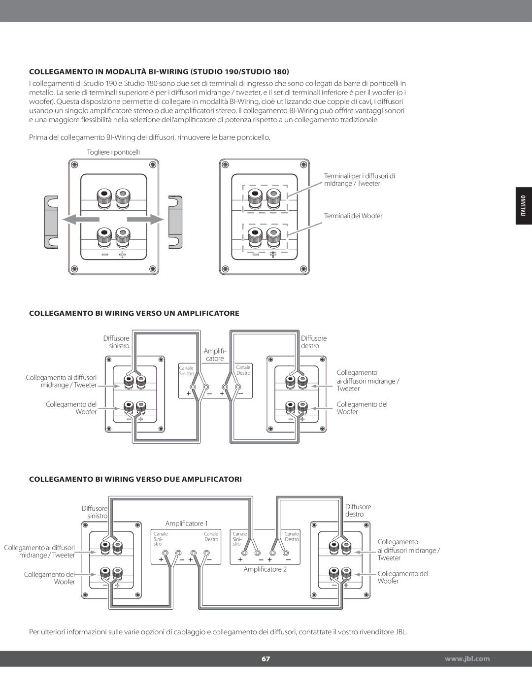 JBL STUDIO180 Collegamento in Modalità BIWIRING STUDIO 190/STUDIO 180, Collegamento BI Wiring Verso UN Amplificatore 