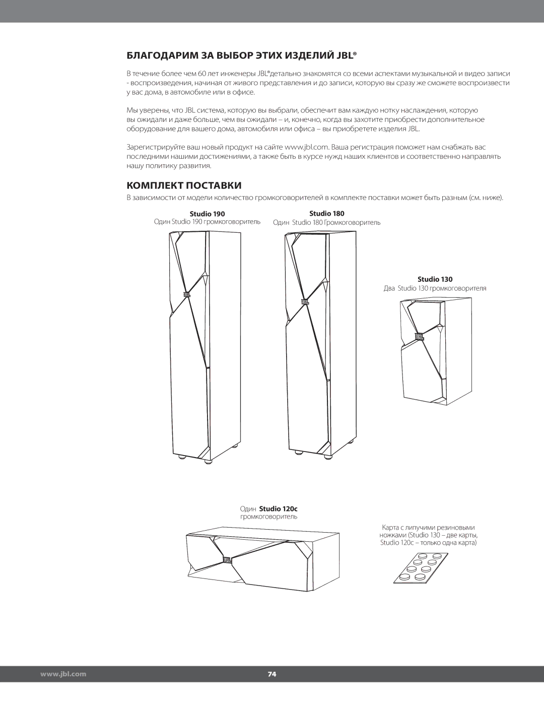 JBL STUDIO180 manual Благодарим ЗА Выбор Этих Изделий JBL, Комплект Поставки 