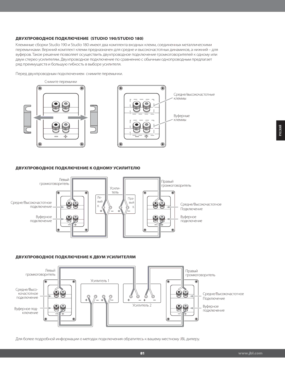 JBL STUDIO180 manual Двухпроводное Подключение STUDIO 190/STUDIO 180, Двухпроводное Подключение К Одному Усилителю 