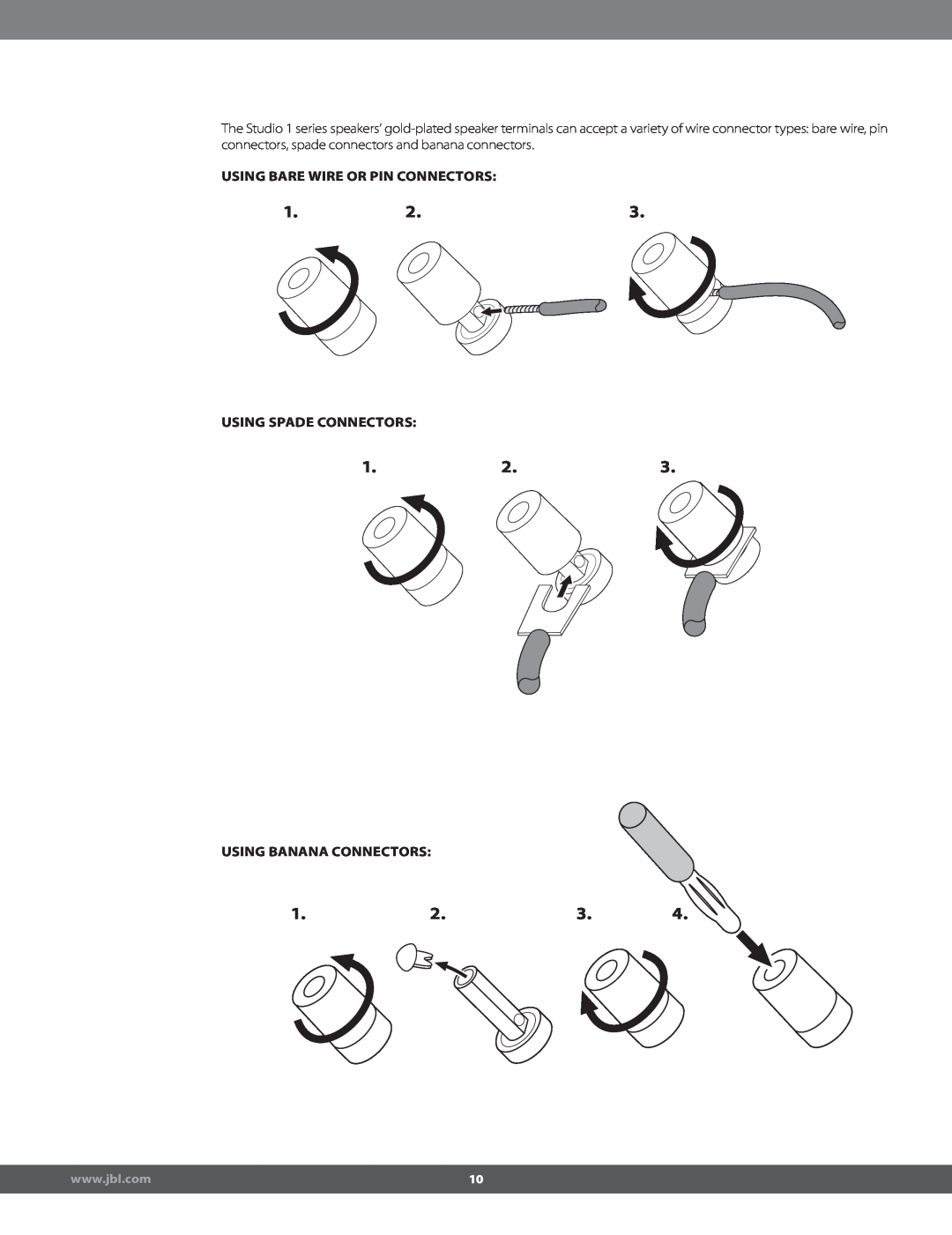 JBL STUDIO180 manual 1.2.3, Using Bare Wire Or Pin Connectors, Using Spade Connectors, Using Banana Connectors 