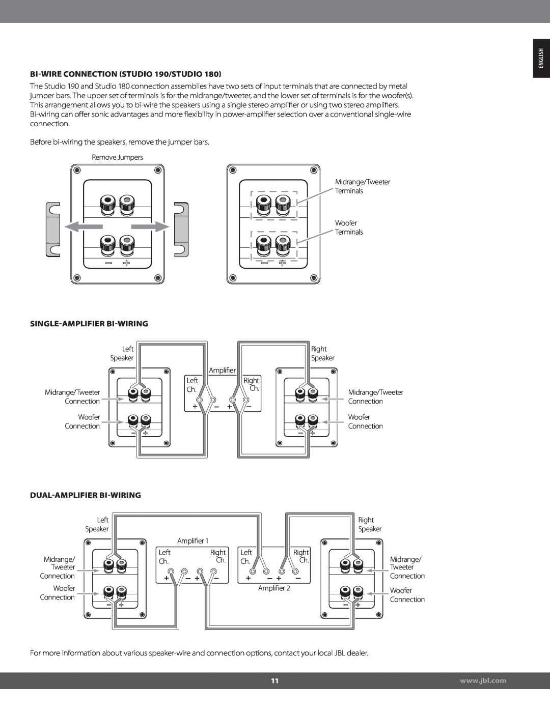 JBL STUDIO180 manual BIWIRE CONNECTION STUDIO 190/STUDIO 180, Singleamplifier Biwiring, Dualamplifier Biwiring 