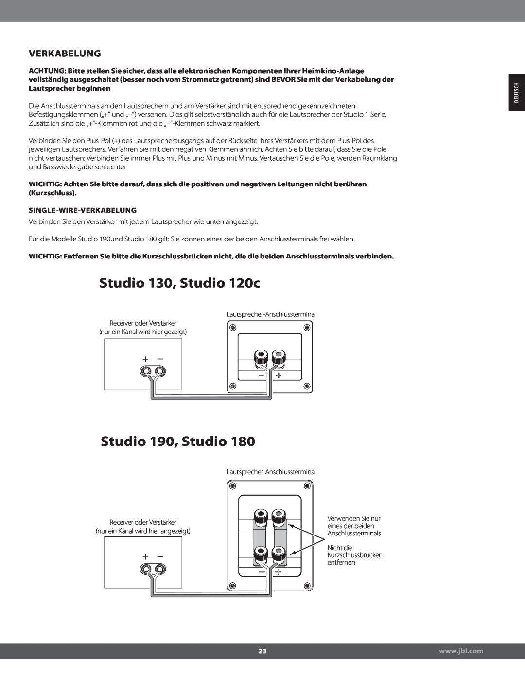 JBL STUDIO180 manual Verkabelung, Singlewireverkabelung, Studio 130, Studio 120c, Studio 190, Studio 