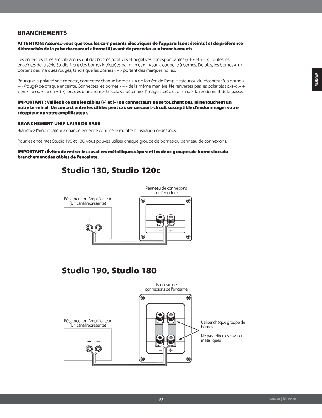 JBL STUDIO180 manual Branchements, Branchement Unifilaire De Base, Studio 130, Studio 120c, Studio 190, Studio 