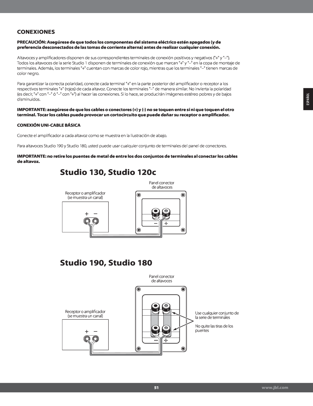 JBL STUDIO180 manual Conexiones, Conexión Uni-Cablebásica, Studio 130, Studio 120c, Studio 190, Studio 