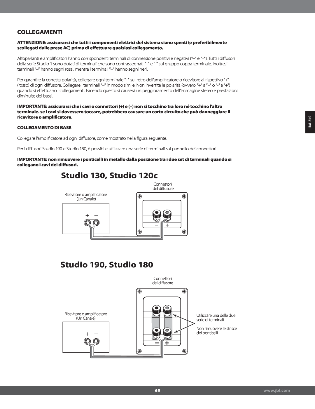 JBL STUDIO180 manual Collegamenti, Collegamento Di Base, Studio 130, Studio 120c, Studio 190, Studio 