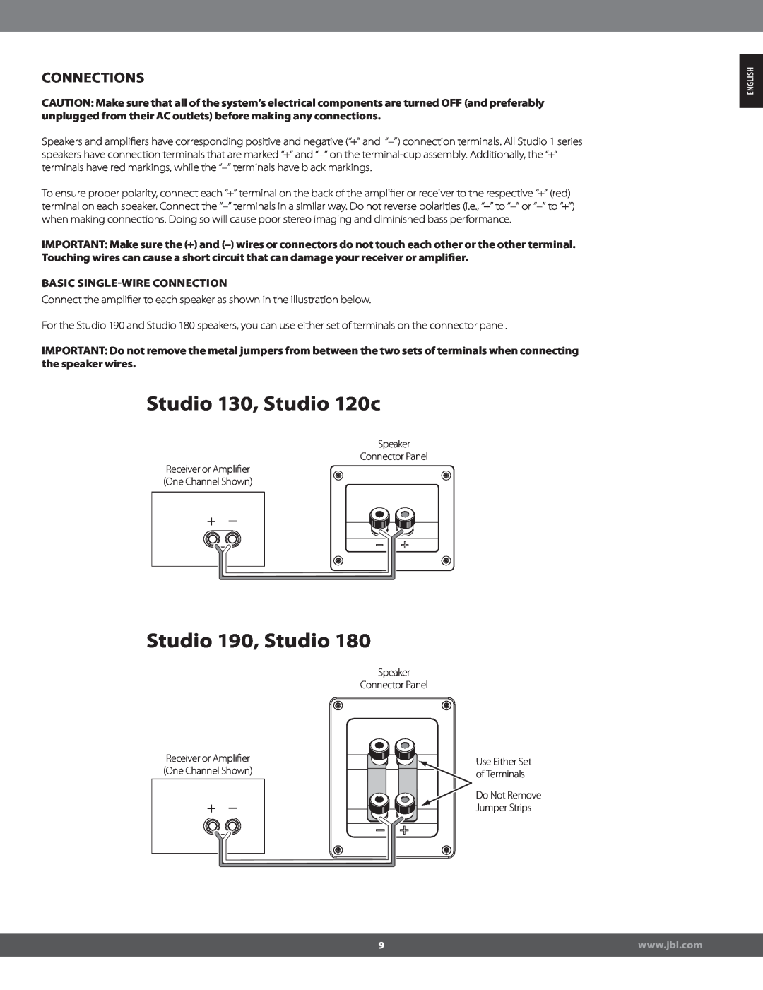 JBL STUDIO180 manual Studio 130, Studio 120c, Studio 190, Studio, Connections, Basic Singlewire Connection 