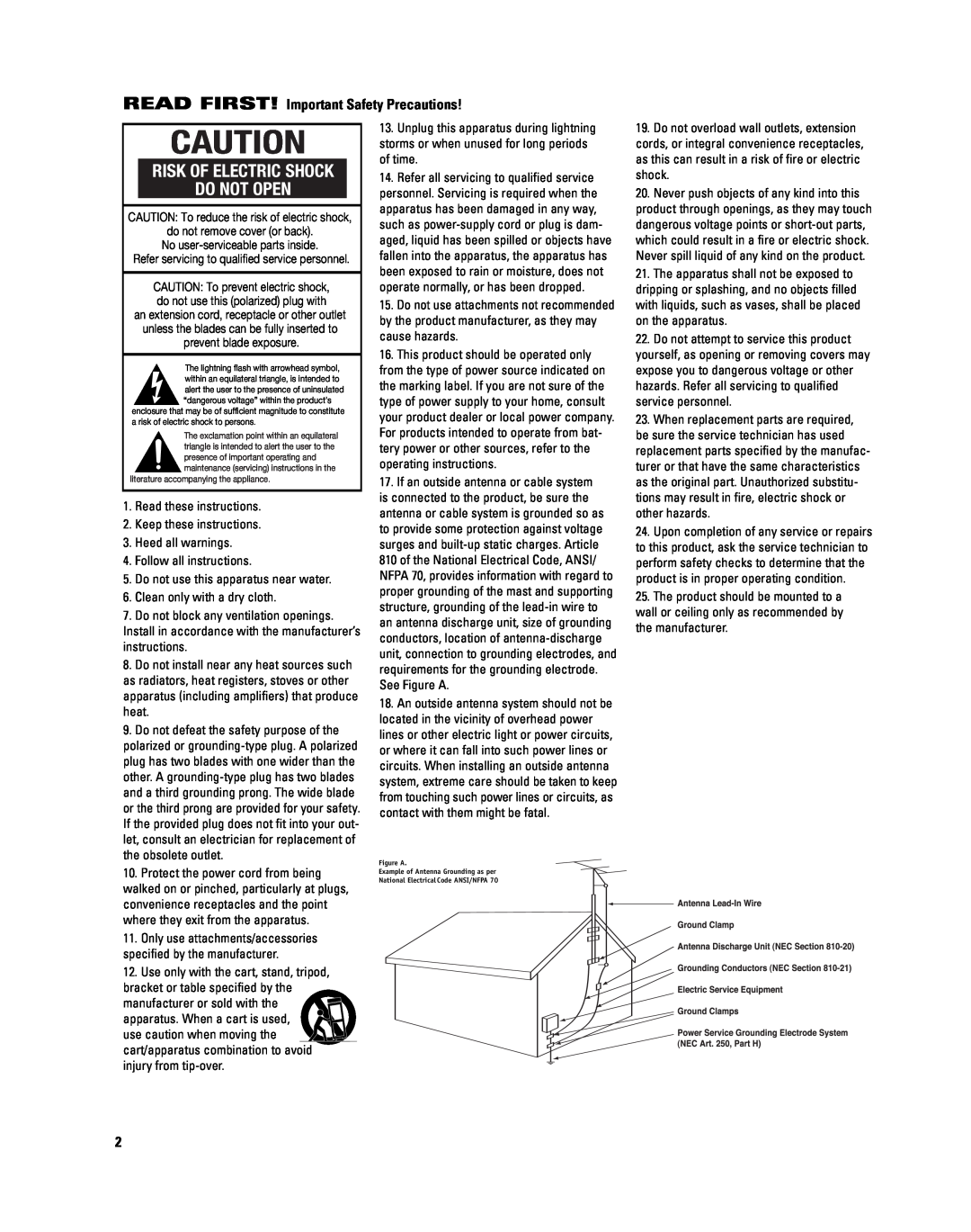 JBL SUB10 manual Risk Of Electric Shock, READ FIRST! Important Safety Precautions, Do Not Open 