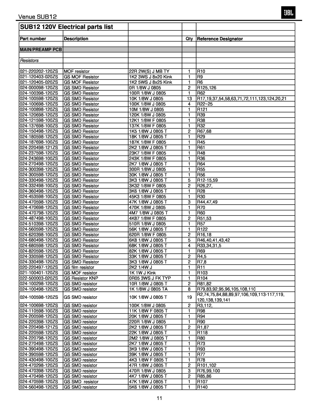 JBL Venue SUB12, SUB12 120V Electrical parts list, Part number, Description, Reference Designator, Main/Preamp Pcb 