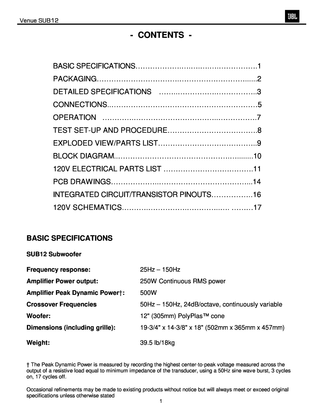 JBL SUB12 service manual Basic Specifications, Contents 
