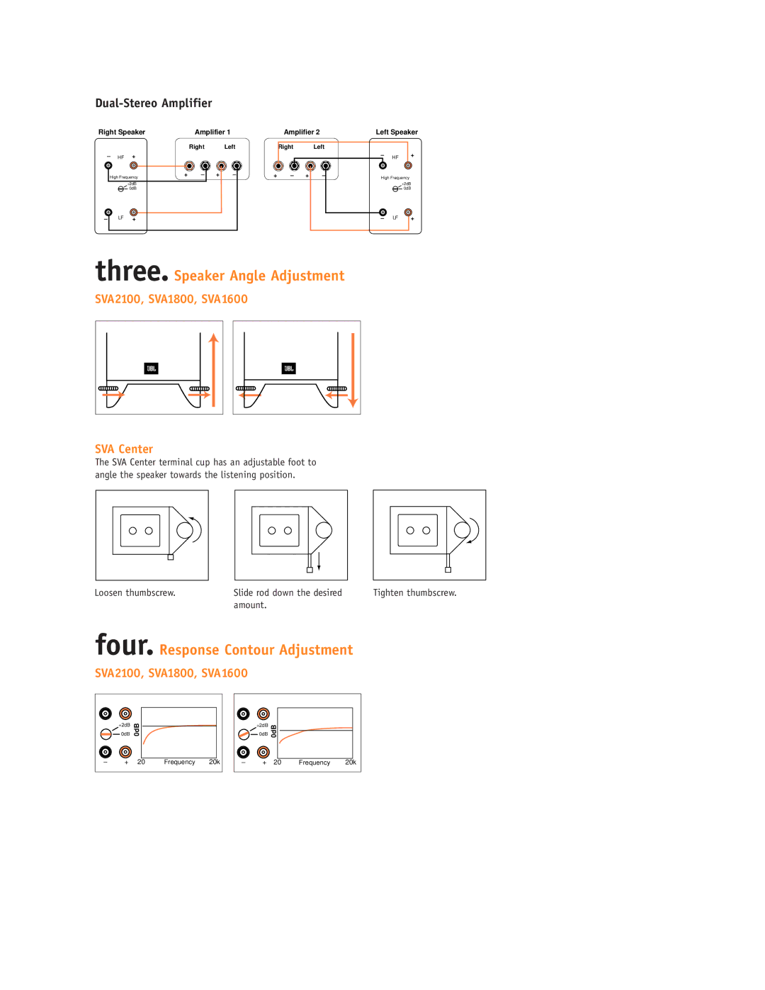 JBL SVA CENTER, SVA1500, SVA2100, SVA1800 Three. Speaker Angle Adjustment, Four. Response Contour Adjustment, Amount 