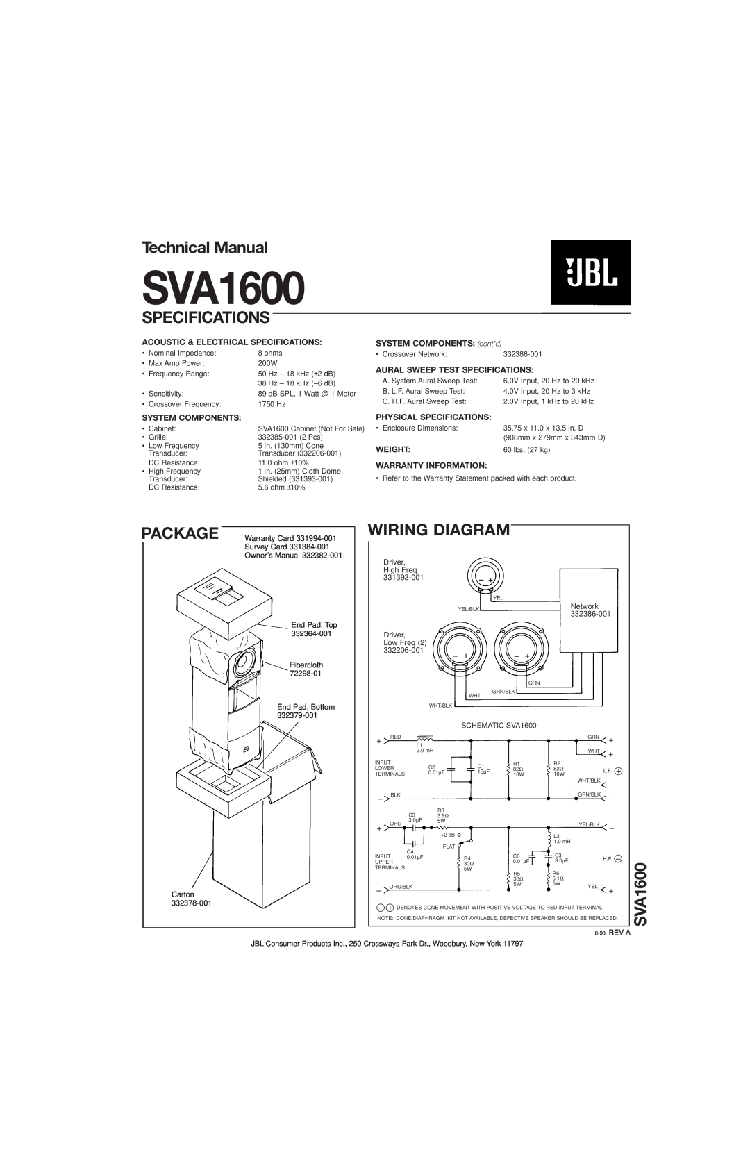 JBL SVA1600 technical manual Technical Manual, Specifications, Wiring Diagram, Package, SYSTEM COMPONENTS cont’d, Weight 