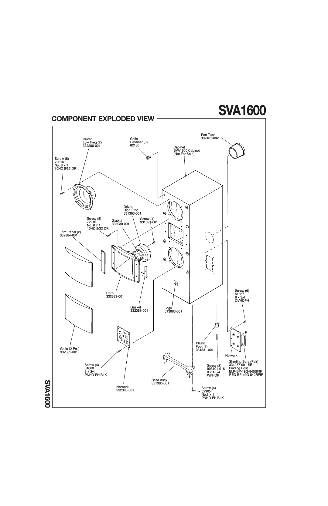 JBL SVA1600 technical manual Component Exploded View 