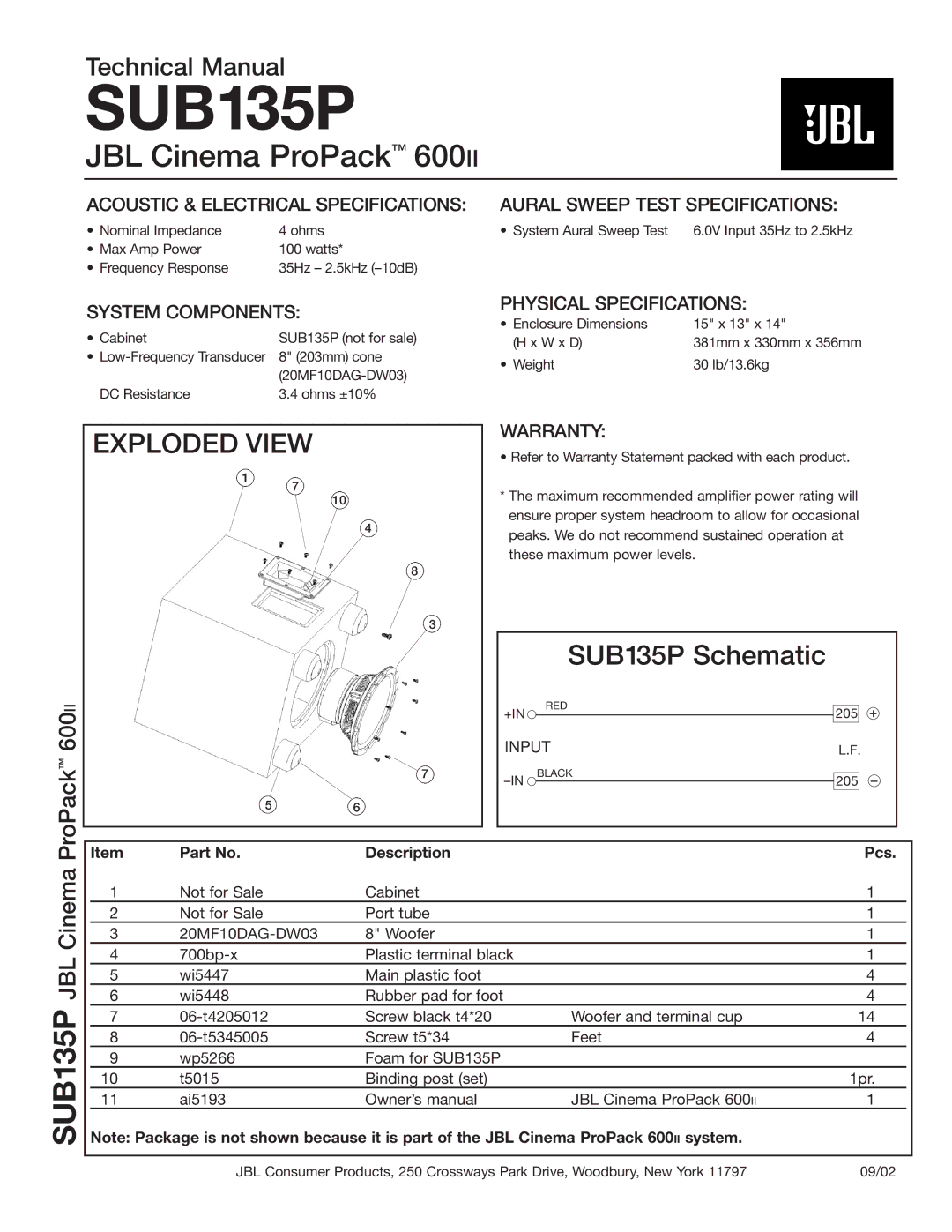 JBL SX technical manual JBL Cinema ProPack, Exploded View, SUB135P Schematic 