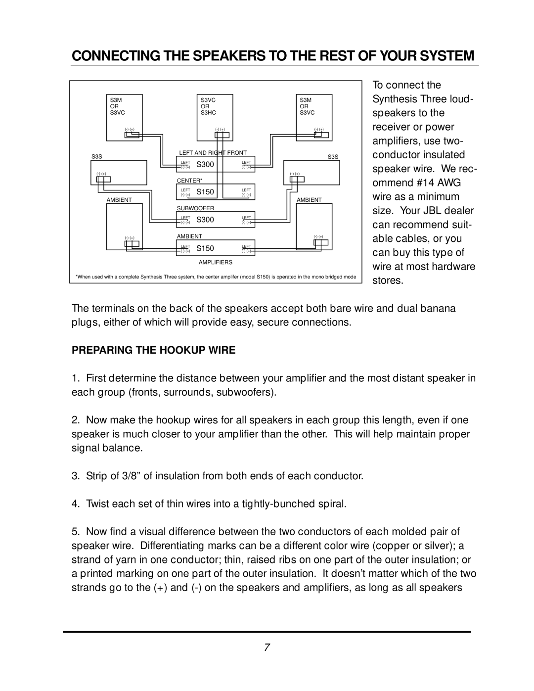 JBL SYN 3 manual Preparing The Hookup Wire 