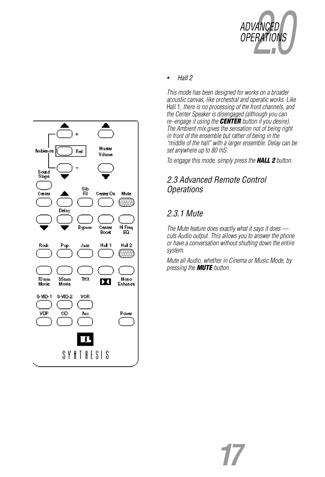 JBL Synthesis owner manual Advanced Remote Control Operations Mute 