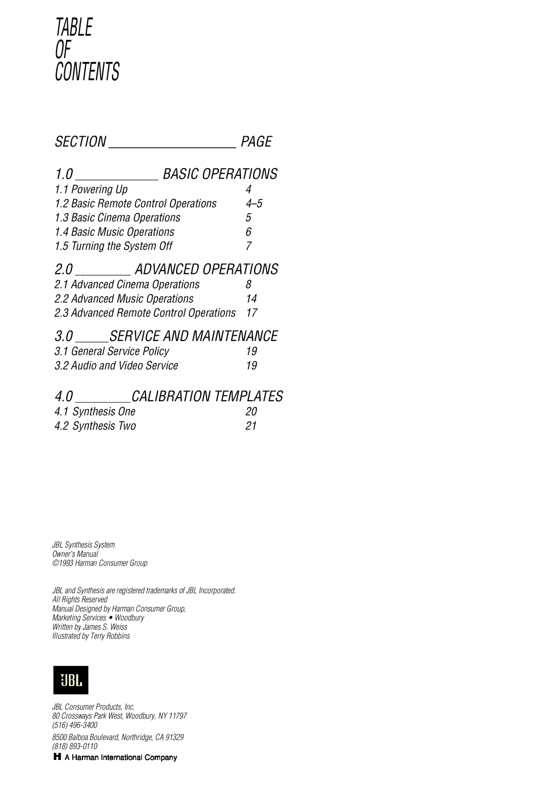 JBL Synthesis owner manual Contents 