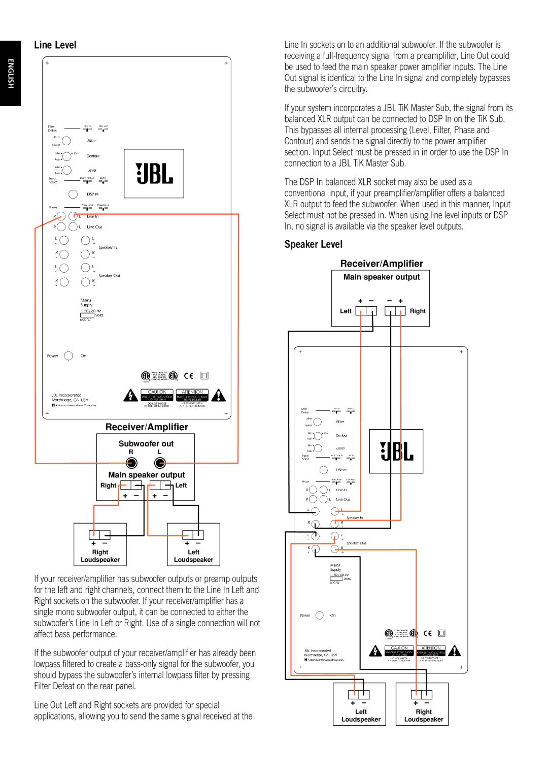 JBL TiK Sub owner manual Line Level, Speaker Level, Receiver/Amplifier 