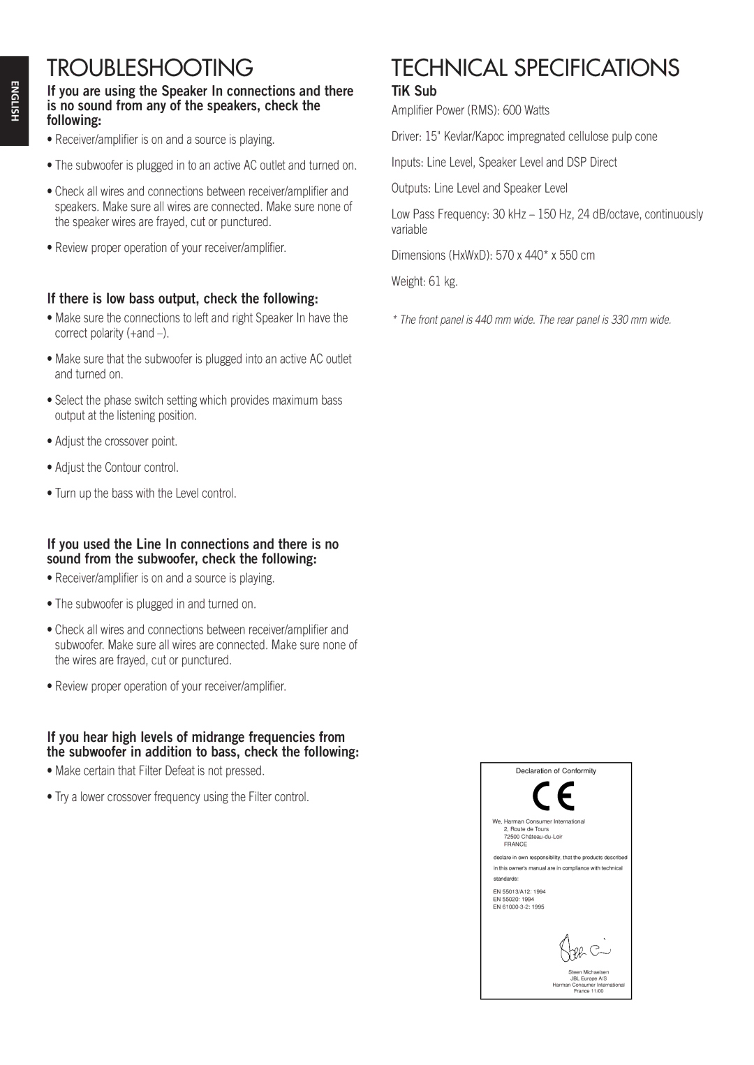 JBL TiK Sub owner manual Troubleshooting, Technical Specifications, If there is low bass output, check the following 