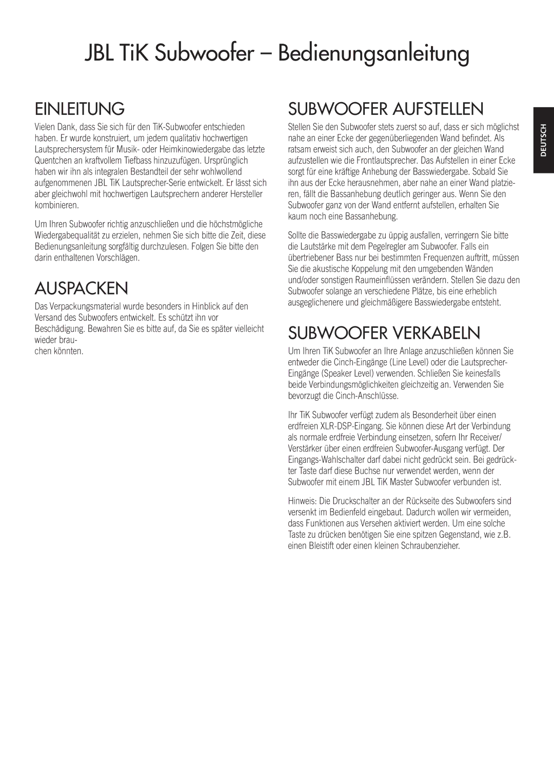 JBL TiK Sub owner manual Einleitung, Auspacken, Subwoofer Aufstellen, Subwoofer Verkabeln 