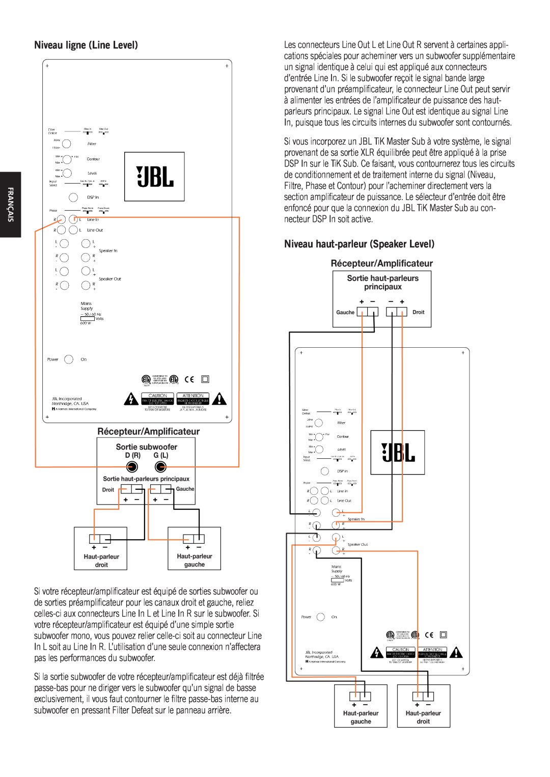 JBL TiK Sub owner manual Niveau ligne Line Level, Niveau haut-parleurSpeaker Level, Récepteur/Amplificateurceiver/Amplifier 