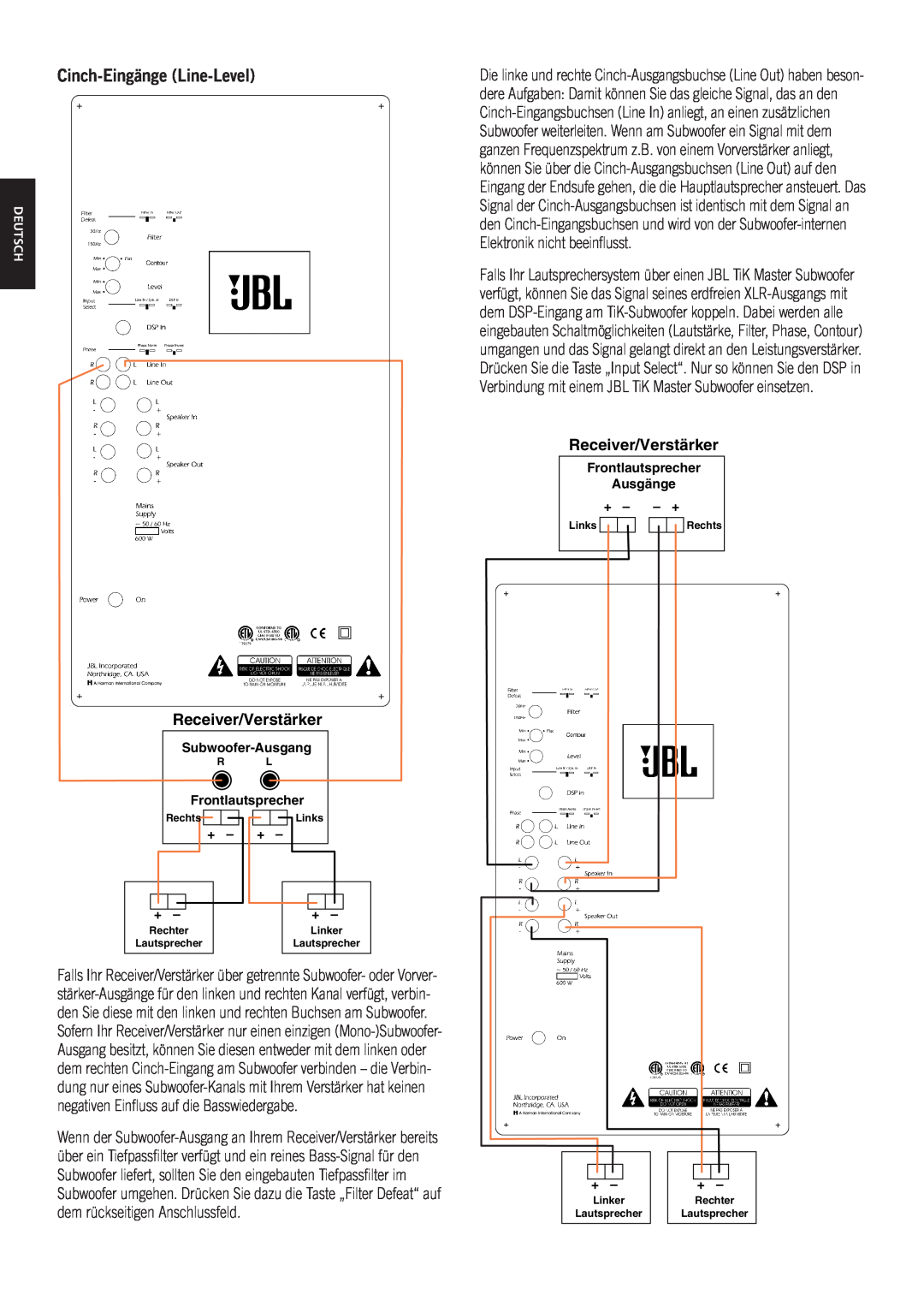 JBL TiK Sub owner manual Cinch-Eingänge Line-Level, Receiver/Verstärker, Deutsch, Subwoofer-Ausgang, Frontlautsprecher 