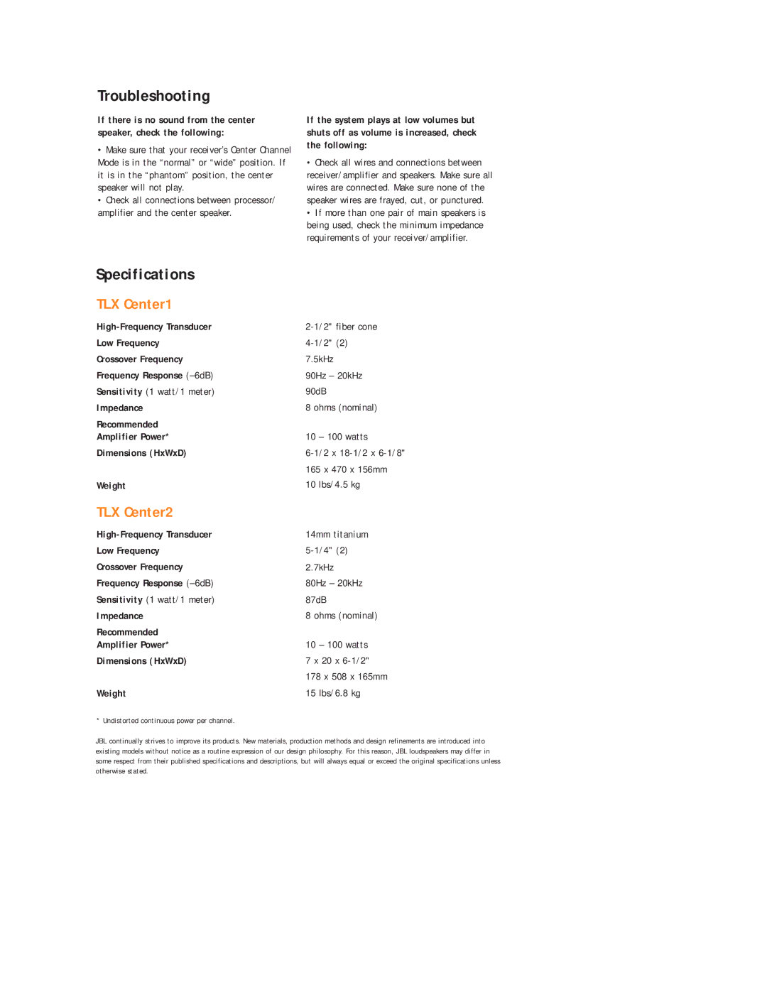 JBL TLX CENTER2, TLX CENTER1 setup guide Troubleshooting 