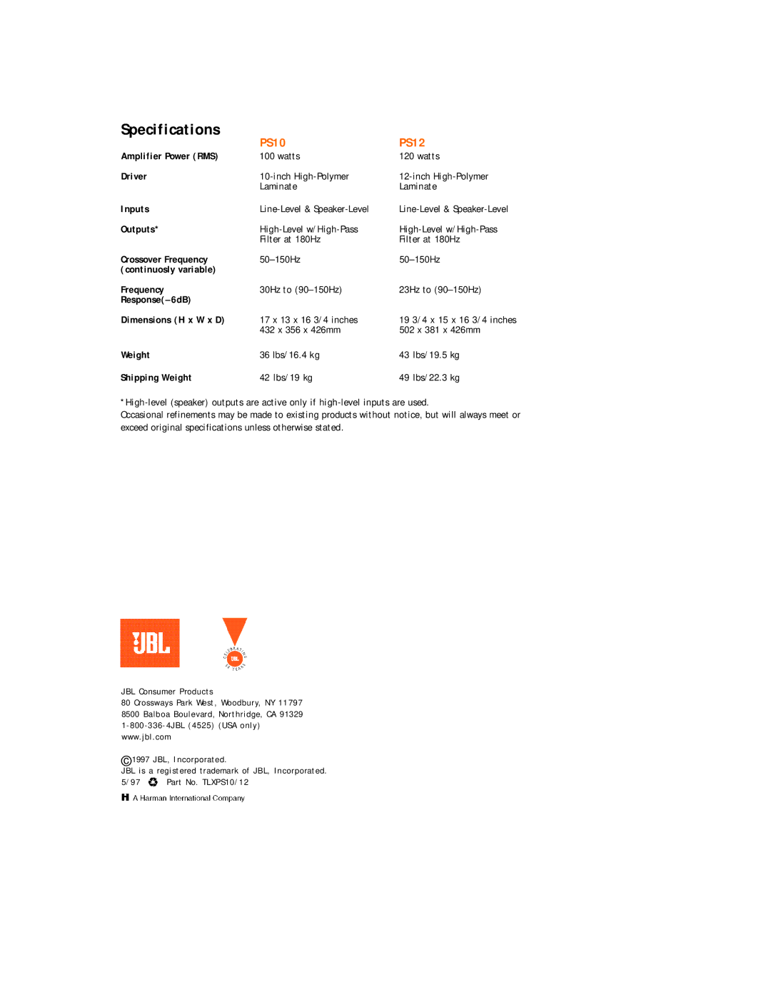 JBL TLX PS12, TLX PS10 setup guide Specifications 