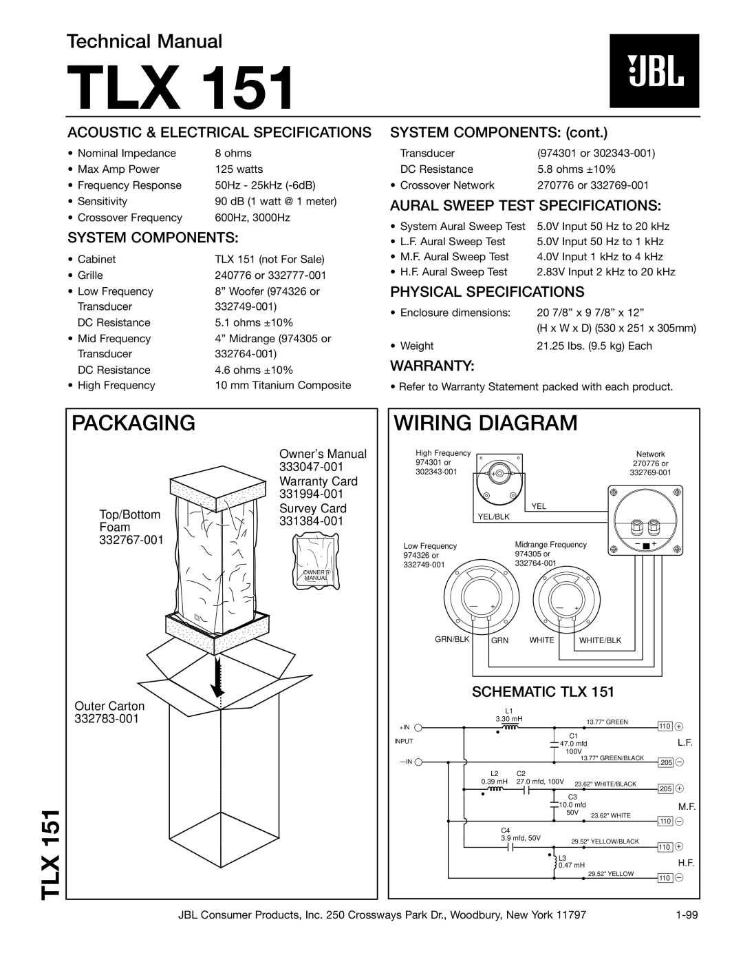 JBL TLX151 technical manual Packaging, Wiring Diagram 