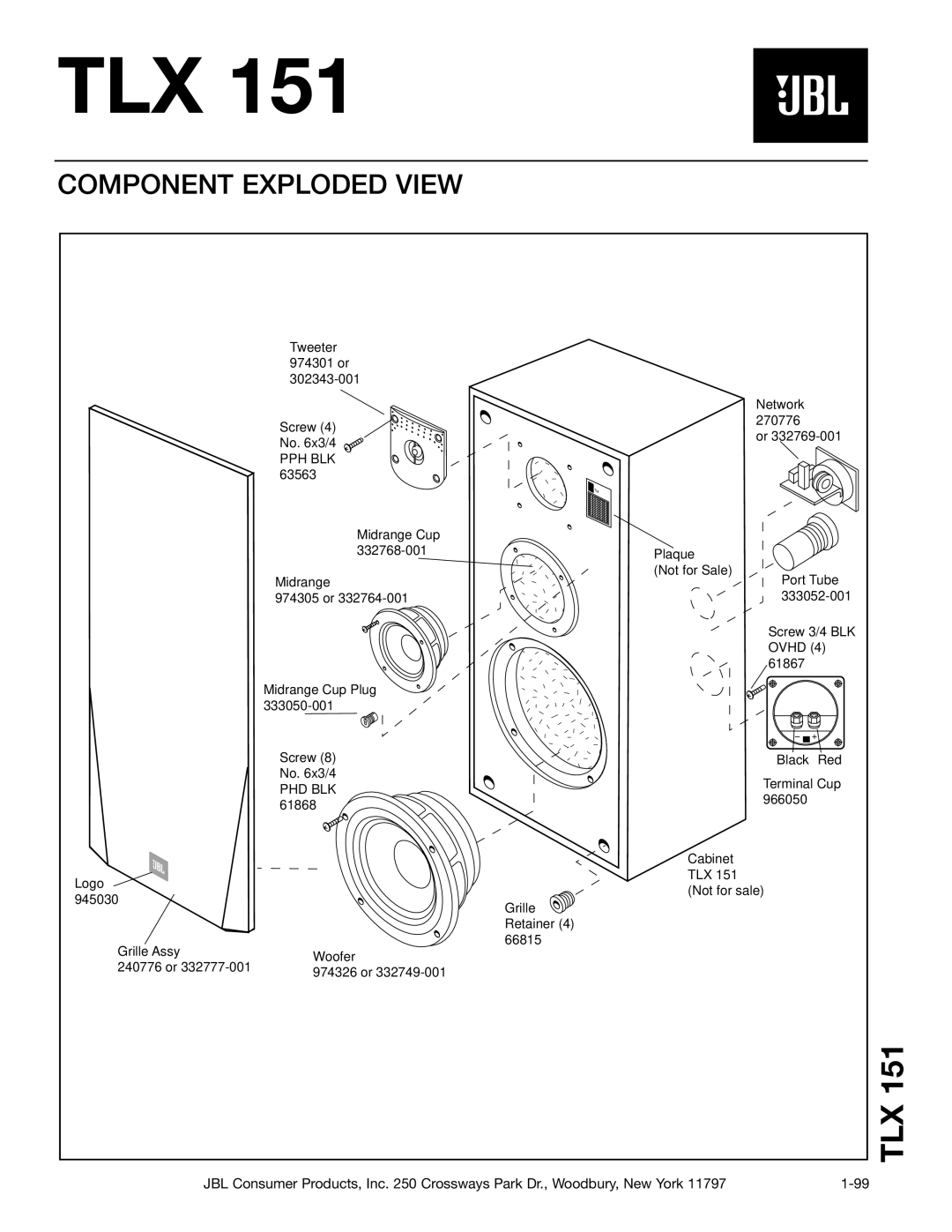 JBL TLX151 technical manual Component Exploded View, Pph Blk, Phd Blk 